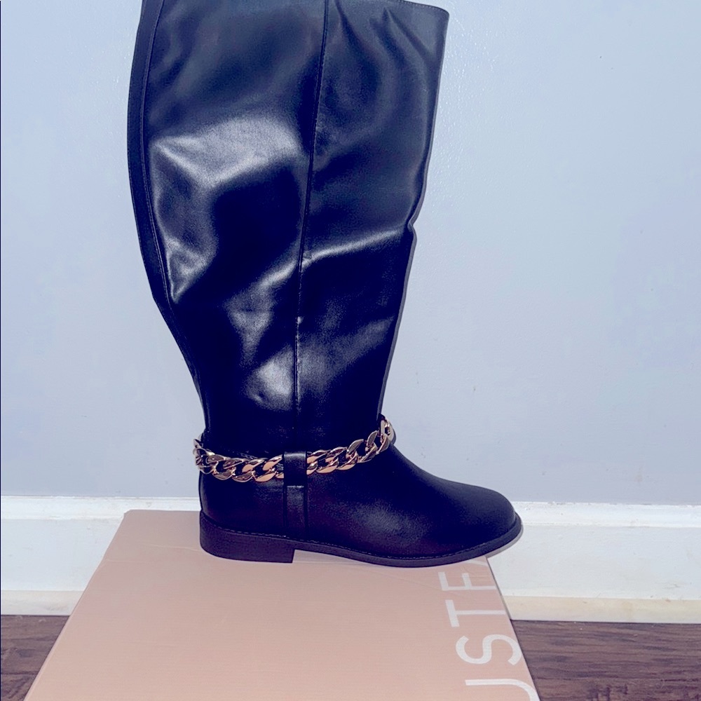JustFab Black and Gold Heeled Boots with Chain Accent